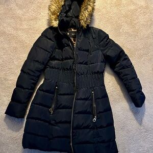 Laundry By Shelli Segal Dark Blue Puffer Jacket with Faux Fur Hood
